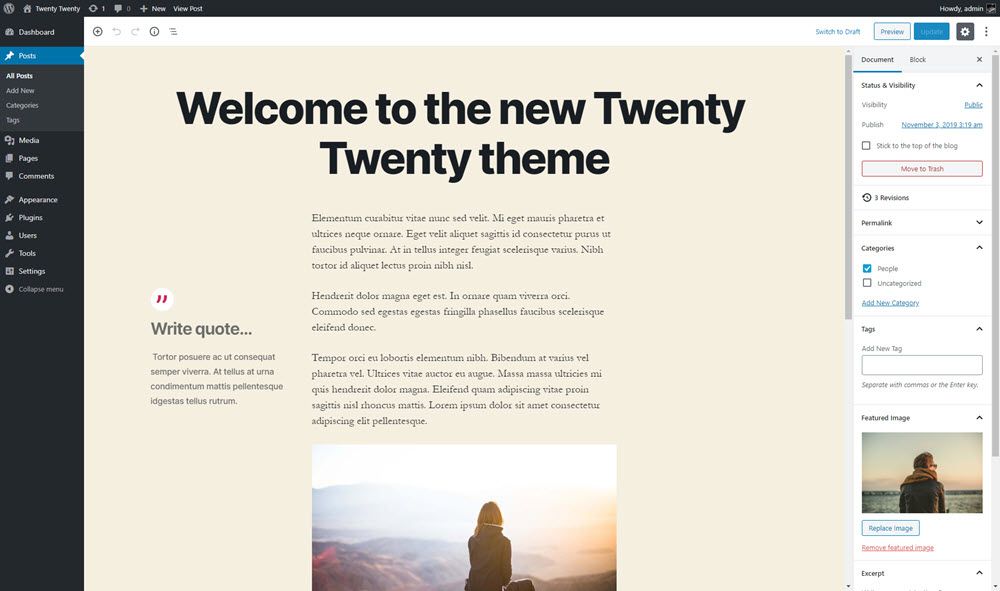 Screenshot showing the Twenty Twenty WordPress Theme block editor